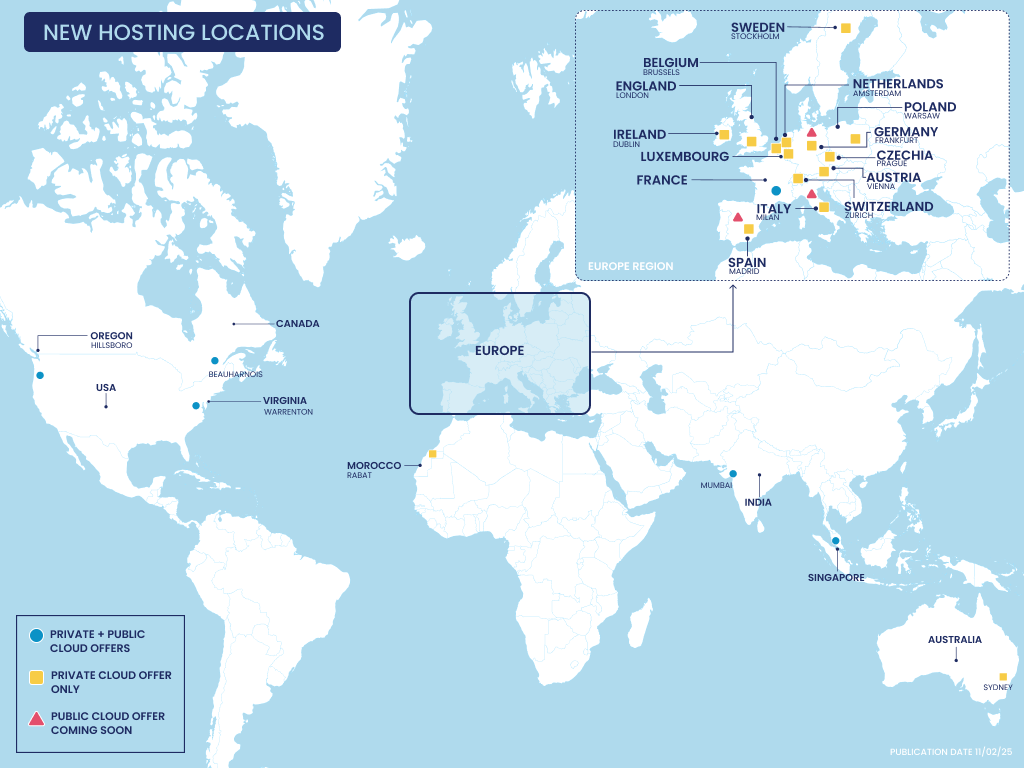 Map showing our server deployment for Private & Public Cloud offers